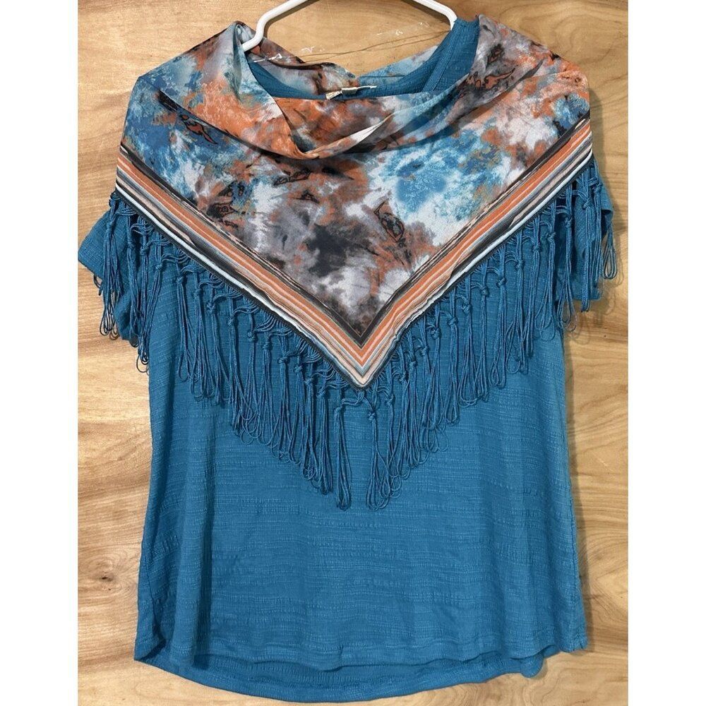 One World PM Petite Medium Short Sleeve Shirt Top Removable Fringed Scarf